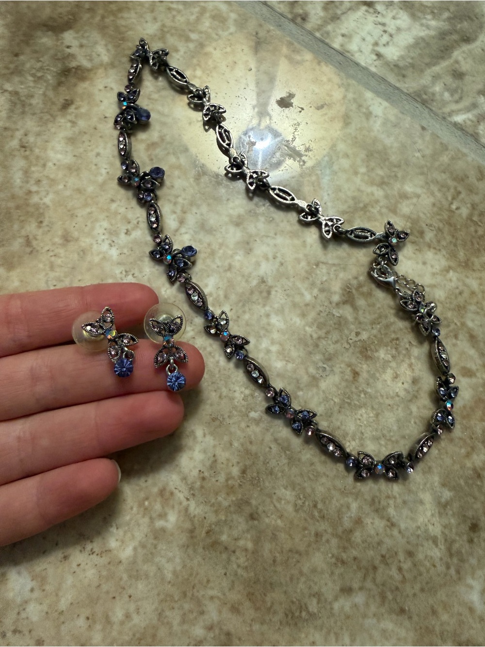 Silver-Tone Blue Crystal Flower Necklace and Earrings Set